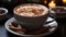 Aromatic coffee, frothy cappuccino, hot chocolate, gourmet dessert, scented relaxation generated by AI