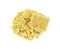 Aromatic crumbled and whole bouillon cubes on white background, top view