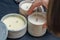 Aromatic decorative candles in plaster bowls. Handmade, making aroma candles