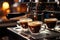 Aromatic Delights Capturing the Moment of Fresh Espresso Pouring from a Coffee Machine at a Cozy Coffee House. created with