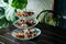 Aromatic dried herbs in a glass tray set in air-conditioned cafe. 4