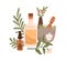 Aromatic herbs and herbal medicinal elixirs in bottles. Flowers, floral plants, leaf in mortar with pestle. Alternative