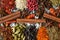 Aromatic Indian spices on a gray slate background.