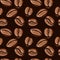 Aromatic roasted coffee beans on dark brown background seamless pattern.