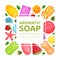 Aromatic soap banner template with handmade colorful organic soaps. Homemade cosmetics vector illustration