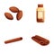 Aromatic spice icons set cartoon vector. Fragrant cocoa bean and cinnamon stick
