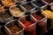 Aromatic spices in bags in rows. Selective focus