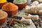 Aromatic spices and herbs. Ingredients for cooking. Ayurveda treatments