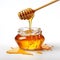 Aromatic sweet golden honey flowing from wooden dipper to glass jar, isolated over white background. Created with generative Ai