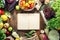 Around empty cookbook set of healthy food on wooden table