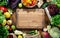 Around the kitchen board abundance healthy food on wooden table