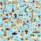 Around the World seamless pattern in colors on blue background