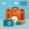 Around the world. suitcase photo camera clock credit card