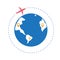 Around the world travelling by plane. flat style. destination world travel concept background.  airplane trip in various country