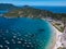 Arraial do Cabo Brazil. Praia dos Anjos. Aerial drone photo from above. Beach ocean and fishing boats. Amazing blue sky