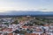 Arraiolos village drone aerial view at sunset in Alentejo, Portugal