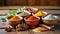 Arrangament of fragrant spices in ceramic bowls