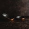 Arranged empty vintage utensils on rustic wooden table