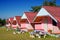 Arranged pink houses in a yard