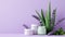 Arrangement of aloe skincare products, containers set with aloe vera leaves on a pastel lavender background