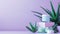 Arrangement of aloe skincare products, delicate containers set with aloe vera leaves on a pastel lavender background