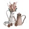 Arrangement of a bouquet of wooden firewood, twigs in an iron jug, a brown teapot and an enamelled cup with fir branches