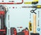 Arrangement of disc from circular saw, hammer, meter, stainless multi pliers. scalpel, tool kits, screwdrivers, and other tools