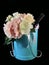 Arrangement of flowers and a bottle of wine, on a black background. Bouquet of multi-colored artificial flowers in a bucket.