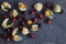 Arrangement of physalis fruit, Cape Gooseberries and cranberries