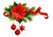 Arrangement with poinsettia flower, pine twigs, Christmas decorations and red silk ribbon