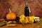 Arrangement of pumpkins and wine