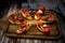 Arrangement of a selection of different tapas or bruschettas on a wooden board