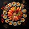 arrangement of sushi rolls, showcasing a variety of fillings and colorful toppings by AI generated