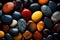 an arrangement of various colored stones, in the style of hyperrealistic murals, dark blue and dark black