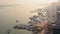 An Array Of Boats Docked On The Port Of The River Ganges Located In Varanasi, Uttar Pradesh, India.