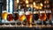 Array of chilled beer glasses, varied brews, blurred bar scene, Ai Generated