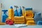 An array of cleaning supplies and tools, neatly arranged, depicting an organized and well-equipped cleaning setup.