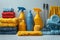 An array of cleaning supplies and tools, neatly arranged, depicting an organized and well-equipped cleaning setup.