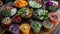 An array of colorful vegetarian bowls with fresh vegetables, grains, and legumes alongside healthy smoothies on a wooden table. Ge