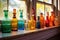 array of colorful vintage glass bottles on window sill