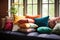 an array of colourful throw pillows on a daybed