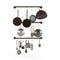 Array of cooking utensils, pots and pans, suspended from a hanging rack, 3D rendered