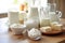 an array of dairy substitute products on a kitchen counter