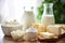 an array of dairy substitute products on a kitchen counter