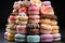 Array of delectable pastries, highlighted by an array of colorful macarons, AI-generated.