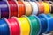 an array of different colored filaments for 3d printing