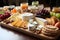 An array of exquisitely presented cheese types showcased on a rustic wooden table
