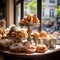 Array of freshly-baked pastries is presented in a pleasing display on a table, AI-generated.