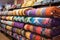 an array of patterned, handmade quilts draped over a rack