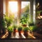 An array of potted herbs sit on the window sill to catch early morning sun